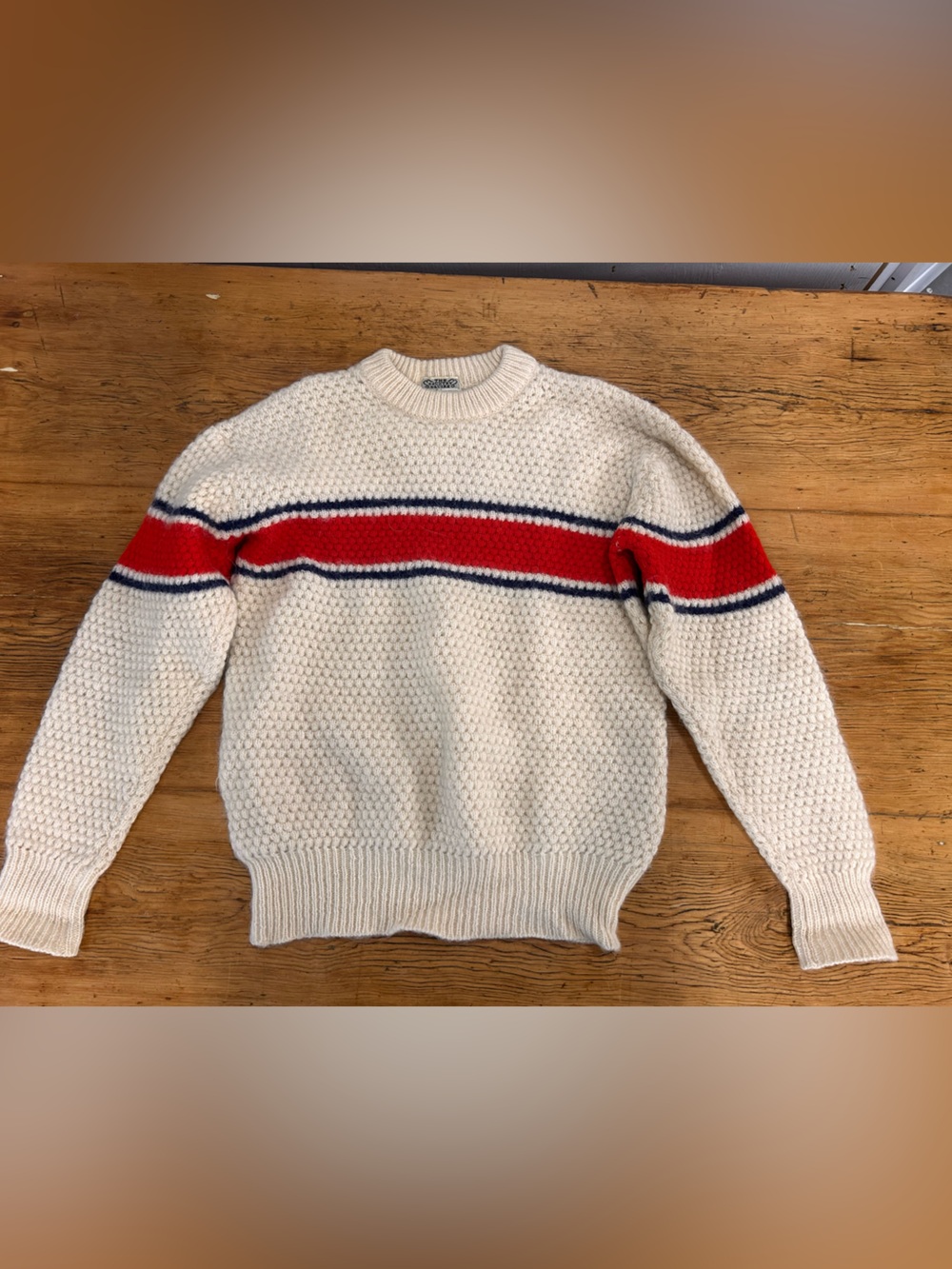 Wool Cream Crewneck Sweater with Red and Navy Stripe